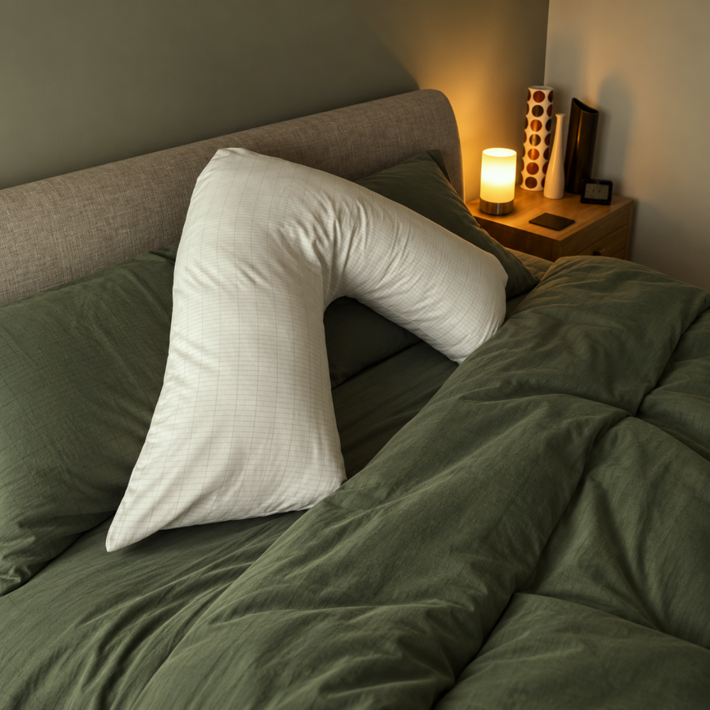 V-shape support pillow against a headboard