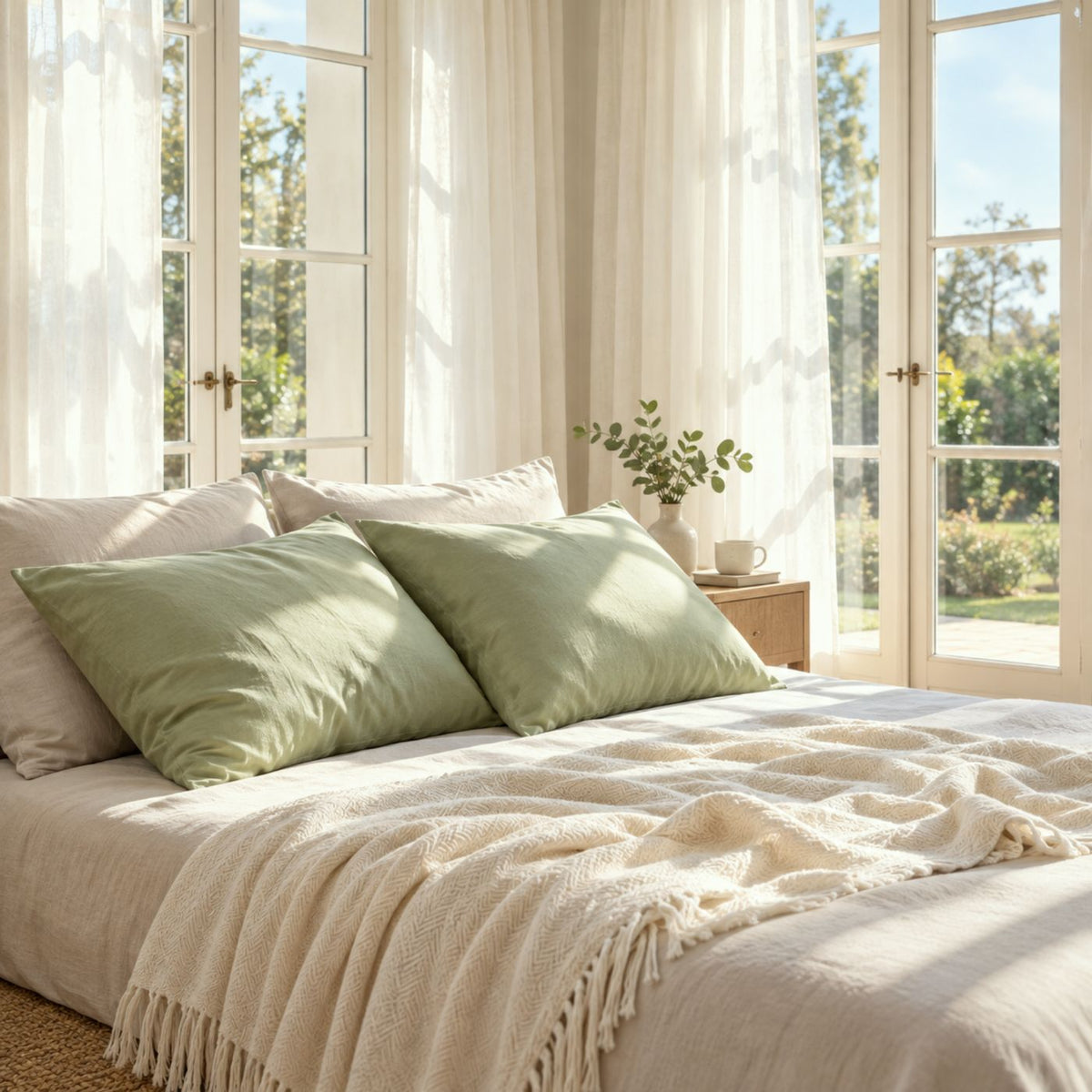 Bed with sage bedding in window light